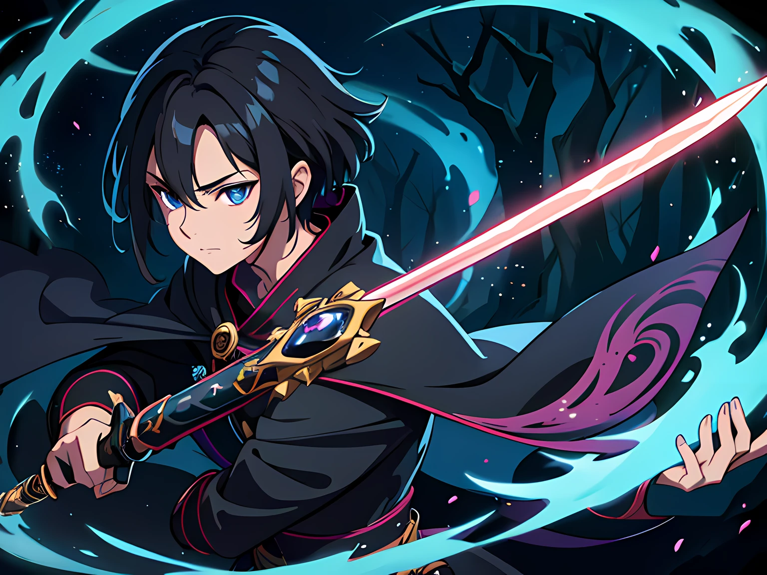 1 man, mage swordsman, beautiful eyes finely detailed, short black hair, wearing aristocrat style outfit, casting a strong spell from his sword, (Masterpiece:1.2), (Best Quality), Detailed, UHD, Cinematic Lighting, sharp focus, (illustration:1.1), intricate, 8k CG, perfect artwork, (half body:0.6), detailed background, witch, magical atmosphere, colorful glowing magic spell in the air, swirling portal, dark magic, (style-swirlmagic:0.8), floating particles, dark sinister forest background, updraft, backlighting,