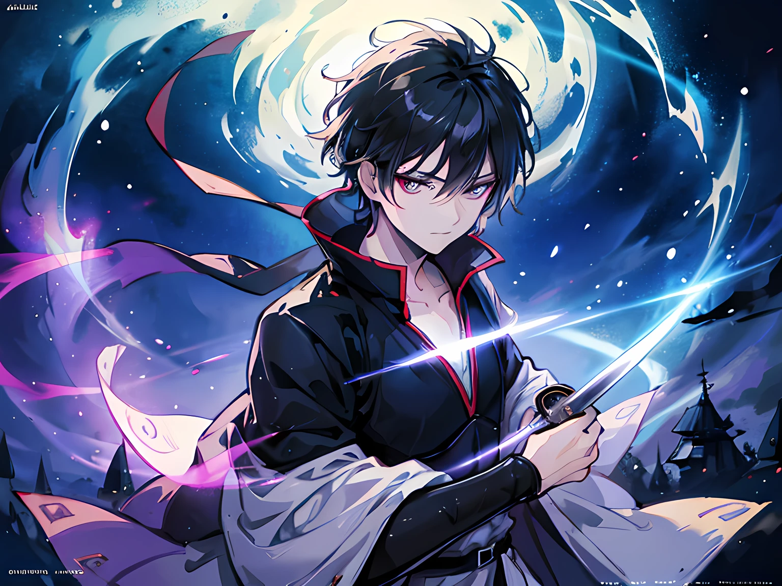 1 man, mage swordsman, beautiful eyes finely detailed, short black hair, wearing aristocrat style outfit, casting a strong spell from his sword, (Masterpiece:1.2), (Best Quality), Detailed, UHD, Cinematic Lighting, sharp focus, (illustration:1.1), intricate, 8k CG, perfect artwork, (half body:0.6), detailed background, witch, magical atmosphere, colorful glowing magic spell in the air, swirling portal, dark magic, (style-swirlmagic:0.8), floating particles, dark sinister forest background, updraft, backlighting,