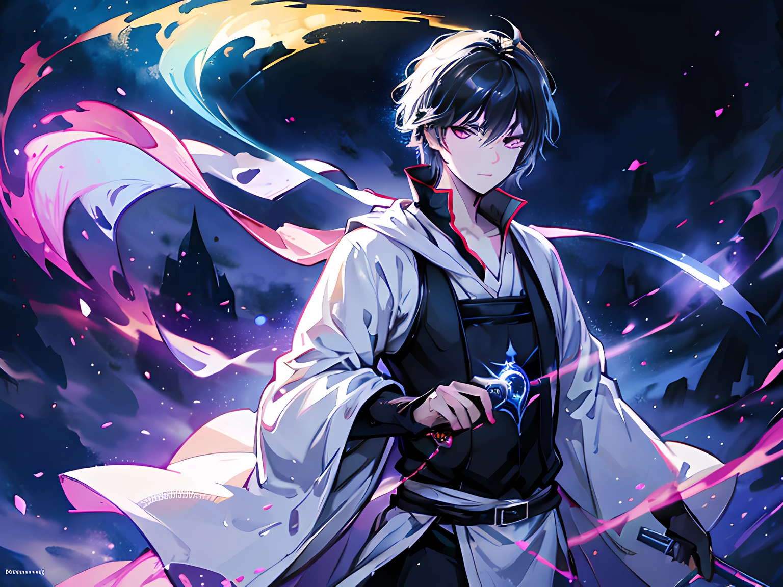 1 man, mage swordsman, beautiful eyes finely detailed, short black hair, wearing aristocrat style outfit, casting a strong spell from his sword, (Masterpiece:1.2), (Best Quality), Detailed, UHD, Cinematic Lighting, sharp focus, (illustration:1.1), intricate, 8k CG, perfect artwork, (half body:0.6), detailed background, witch, magical atmosphere, colorful glowing magic spell in the air, swirling portal, dark magic, (style-swirlmagic:0.8), floating particles, dark sinister forest background, updraft, backlighting,