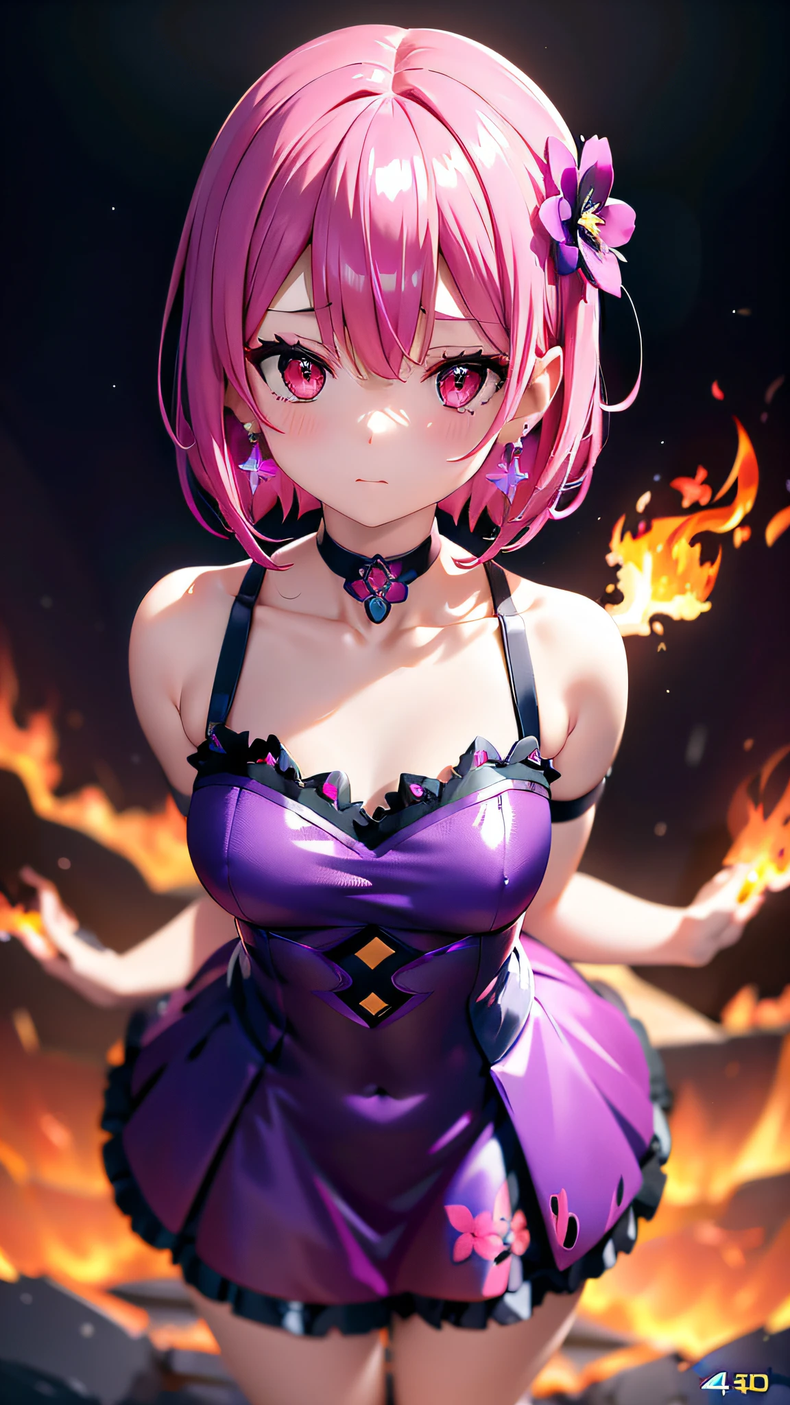 (masutepiece, Best Quality),Pink starry background,Purple Choker,Red Eyes,flower,Blue Mesh Dress,Bare_shoulders,鎖骨,earrings,Jewelry,(flower,fire),hair behind ear,
Sense of depth,4K,absurderes,(From  above),Dynamic Angle,