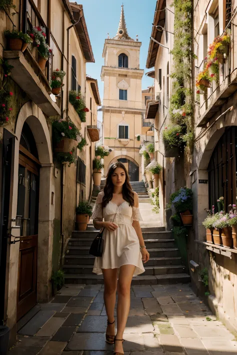 (a young woman walking through the alleys of Genoa),oil painting,beautiful detailed eyes,beautiful detailed lips,extremely detailed eyes and face,long eyelashes,traditional Italian dress,exploring the winding streets,charming old buildings,colourful facade...