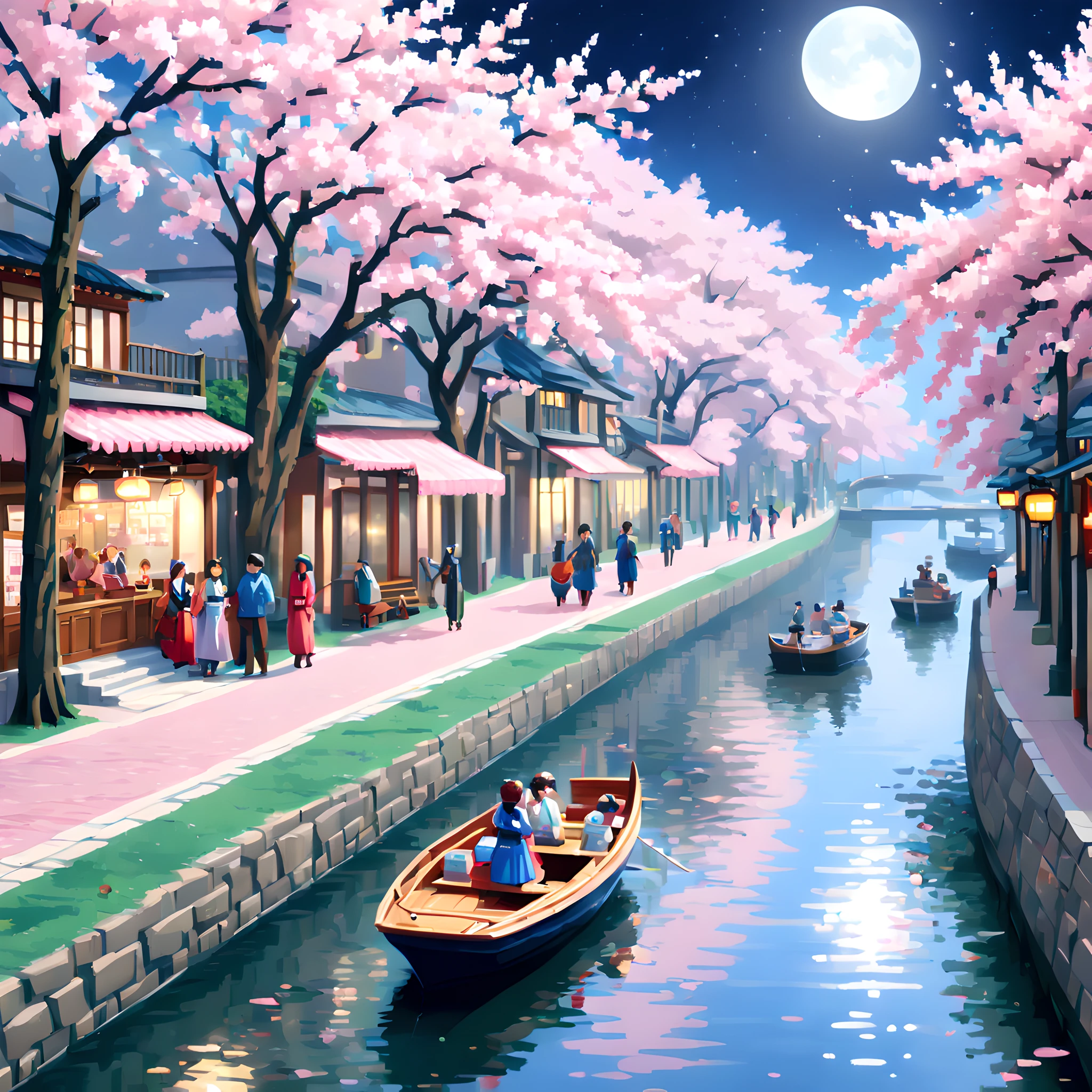 (Cherry blossom And Street:1.5),(landscape:1.5), (Pixel art:1.5), (pixel theme:1.5), (fantasy:1.5), (beautiful scenery:1.5),(landscapes:1.5),(cherry blossom trees:1.5),(boat:1.5),(centered on river street:1.5)(A path lined with flourishing cherry blossom trees:1.5),(spring:1.5),(river street:1.5),(the boat riding couple:1.5),(1900s:1.5),(Meiji:1.5),(Civilization and civilization:1.5),(People watching cherry blossoms々:1.5), (lots of people:1.5),(beautiful scenery pixel art illustration:1.5),(night:1.5),(moonlight:1.5),(best quality:1.5),(masterpiece:1.5),