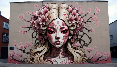 Hyperdetailed fuzzy-logic street art by (swoon : nychos: .5) entitled (" A French goddess called Cherry Blossom"), Blonde Night ...
