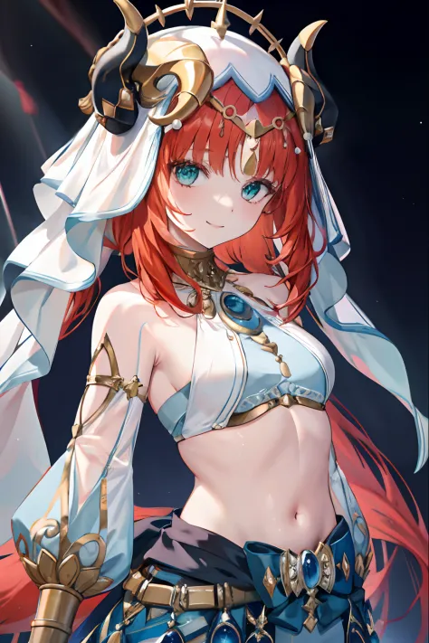 1girl, Nilou(Genshin_Impact), horns, red hair, long hair, twintails, veil, aqua_eyes, neck_ring, jewelry, bare_shoulders, detached_sleeves, crop_top, brooch, bracer, gold_trim, blue skirt, circlet, smiling, backstage_background, vision(Genshin_Impact), mas...