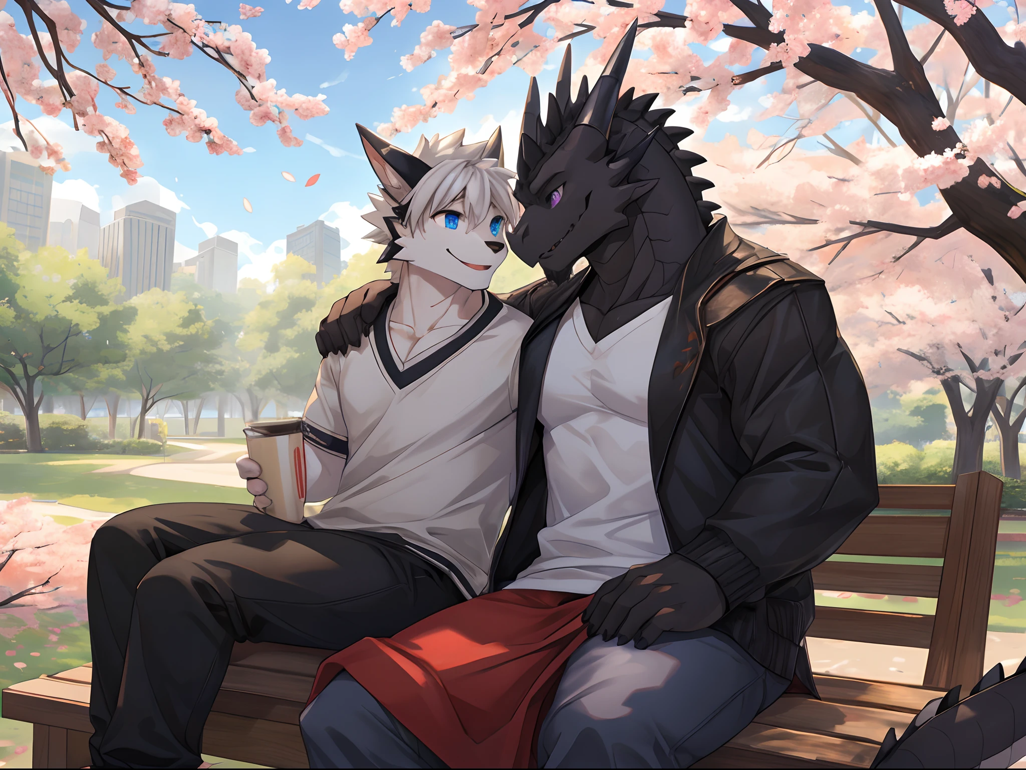 (Best Quality), Duo, 1Male, (Furry Gray Dragon), Blue Eyes, White Medium Hair, Casual Clothes Set, Strong Fit Body, Good Looking, 1Male, (Furry Black Dragon), Purple Eyes, Black Medium Hair, Black Facial Hair, Casual Clothes Set, Good Looking, Strong Fit Body, ((Gray Dragon Sitting With Black Dragon)), Embrace shoulder, Sitting near Sakura Trees, Sakura Leaf Falling, happy, Comfortable, Warm, Joy Expression, Morning, Park Background