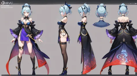 characters reference sheet, 1 woman, 20 years old, ((Azure fantasy character)), Wear a Blade & Soul and Granada espada mix outfit, Complete whole body, CharacterDesignSheet, ((Front view and rear view only)) Light theme clothing design, Symmetrical element...