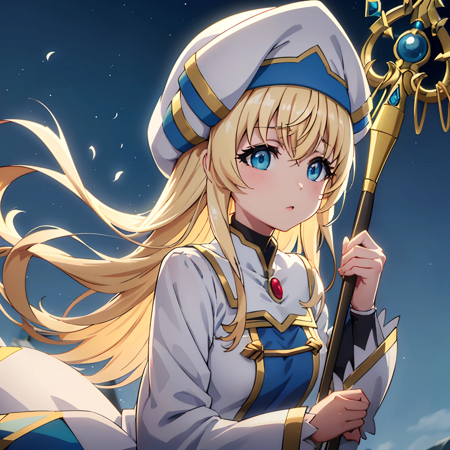 masuter piece, Best Quality, 超A high resolution, top-quality, Anime style, Beautiful face, Goblin Slayer, priestess, white and blue clothes, (1girll:1.3), White cap, (Holding a wand:1.3), (Green wind effect:1.3)