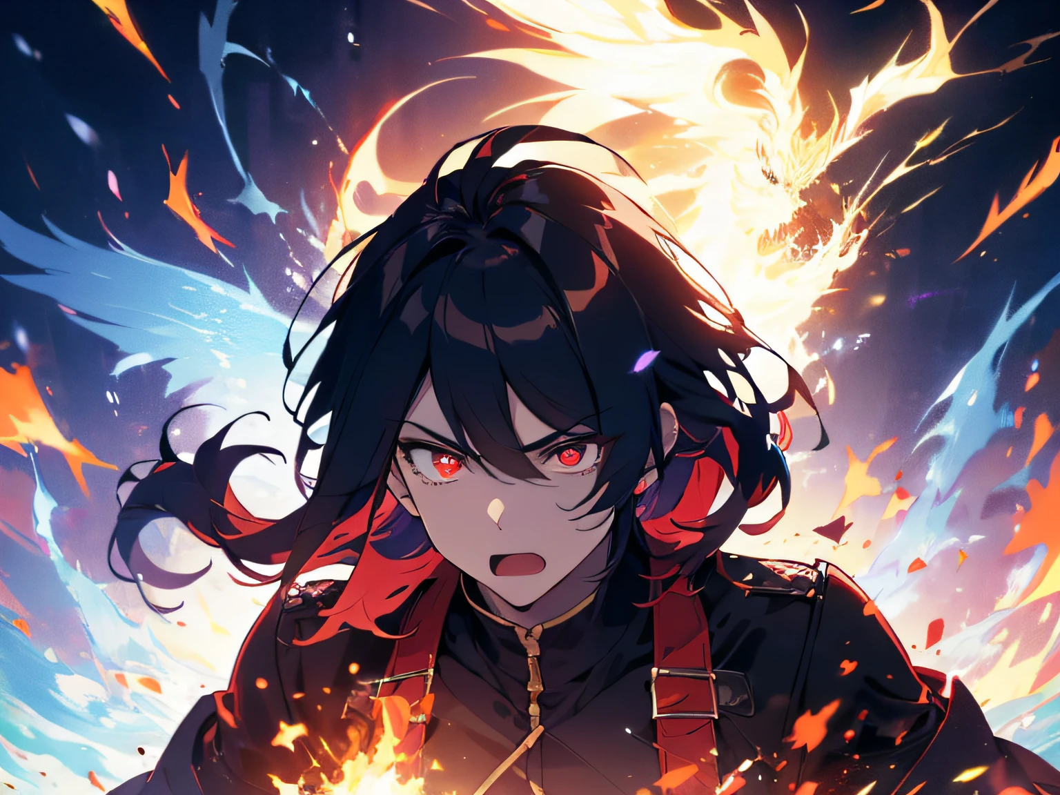 (ultra-detailed, perfect pixel, highres, best quality, beautiful eyes finely detailed), 19 years old boy, have power like demon god in manhwa, full of demonic aura, angry facial expression, red eye color (glowing red eyes), blue hair (half of his hair covered with blue flame), with aristocrat style outfit, elegant, detective, realistic fire, the background is full of magical particles and realistic blue fire. lens flare, glowing light, reflection light, motion blur, 8k, super detail, ccurate, best quality, Ray tracing.