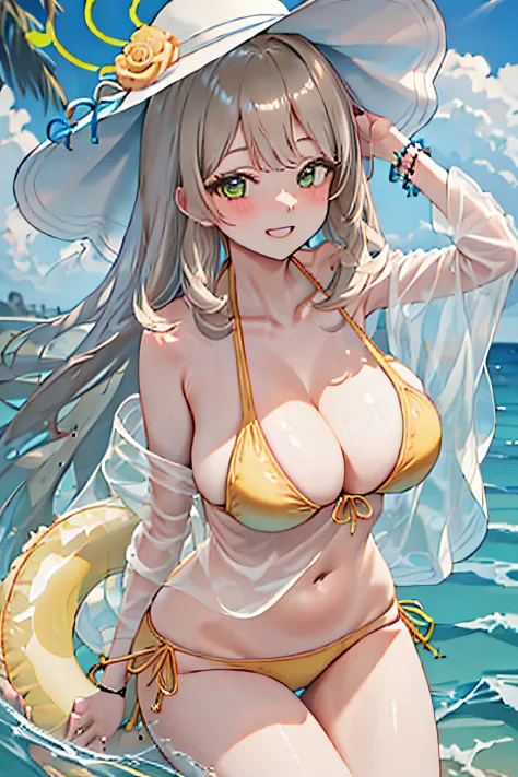 Best quality, Masterpiece, A high resolution, Solo, {Nonomi_bluearchive:1.15}, Long_Hair, bangs, Halo, Blush, Green_Eyes, Breasts, Smile, Large_Breasts, swimsuit, Bikini, Yellow_Bikini, 鎖骨, Open_Mouth, cleavage, Hat, Sun_Hat, White_Headwear, Light_brown_Ha...