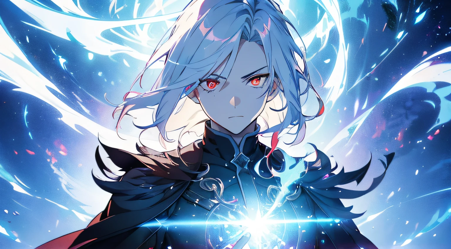 (ultra-detailed, perfect pixel, highres, best quality, beautiful eyes finely detailed), 19 years old boy, have power like demon god in manhwa, full of demonic aura, angry facial expression, green eye color (glowing red eyes), white hair (half of his hair covered with blue flame), with middle age style outfit, elegant, realistic fire, the background is full of magical particles and realistic blue fire. lens flare, glowing light, reflection light, motion blur, 8k, super detail, ccurate, best quality, Ray tracing.