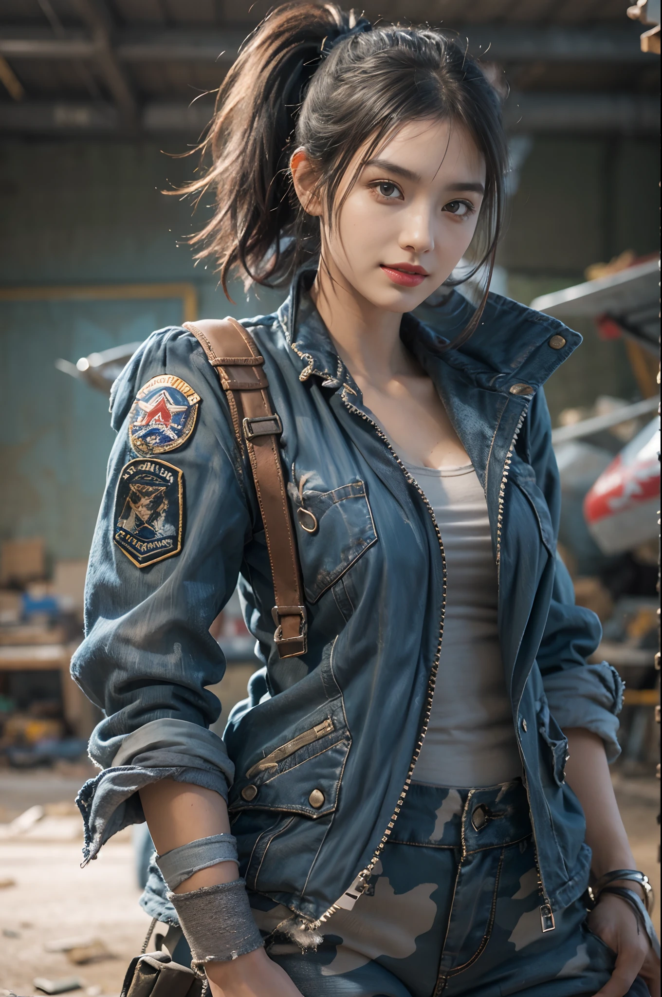 ((best quality)), ((masterpiece)), (detailed),a girl,solo,small head,small face,slim,thin,slender legs,mesmerizing and alluring female mechanic covered in grease,Confident smile
， (Dirty and rugged charm:1.2), (tough and confident demeanor:1.1), (mechanical expertise:1.3),((disheveled shoulder-length straight black bob hair)),((short pony tail)),smudged face with a playful smirk, (stained Blue camouflage jacket and blue camouflage pants clinging to her curves), (gritty tools of the trade:1.2), cluttered repair shop, scattered fighter plane parts, (authentic fighter plane ambiance:1.2), (intense gaze:1.1), gripping a wrench in her dirty hands, 8k resolution,looking at another, looking away,masterpiece, best quality,Photorealistic, ultra-high resolution, photographic light,Clavicle, cleavage