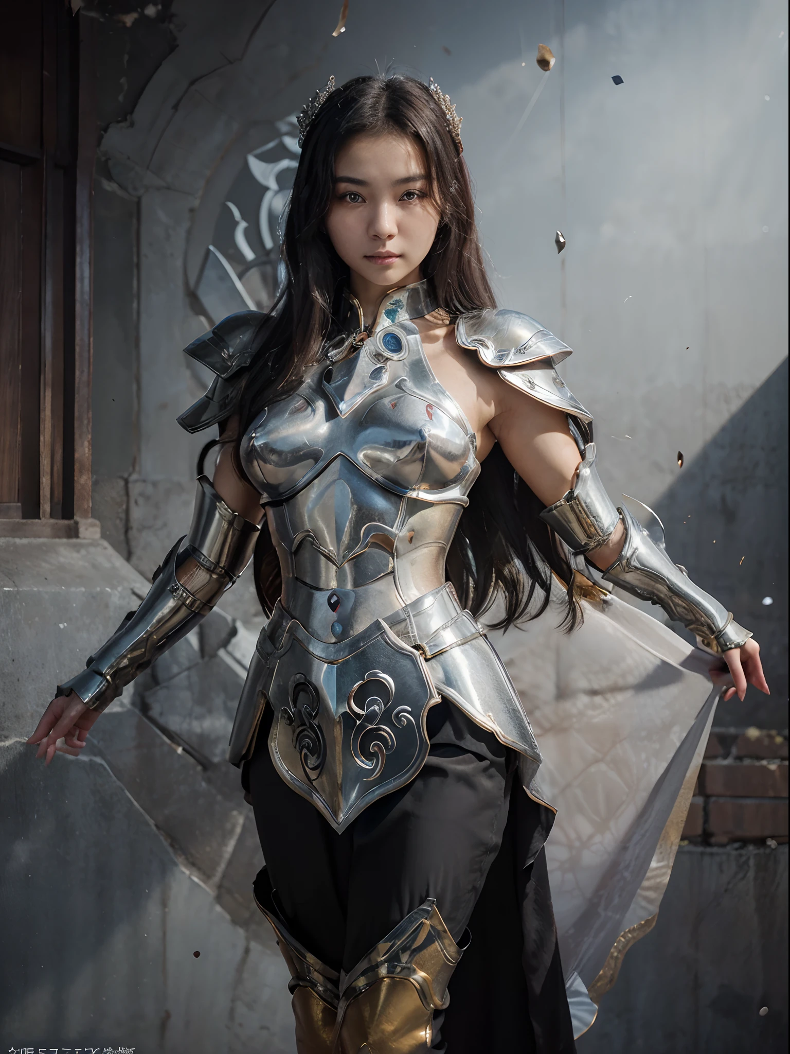 ultra‐realistic, a beautiful 17 year old concubine, adorable face, a model with ethnicity mix of Korean and Chinese, wearing sexy shiny black armor, highly detailed and intricate armor, large shoulder armor, nice armpits, multi-piece metal skirt, partially nude thigh, big grey cape, --v 4-