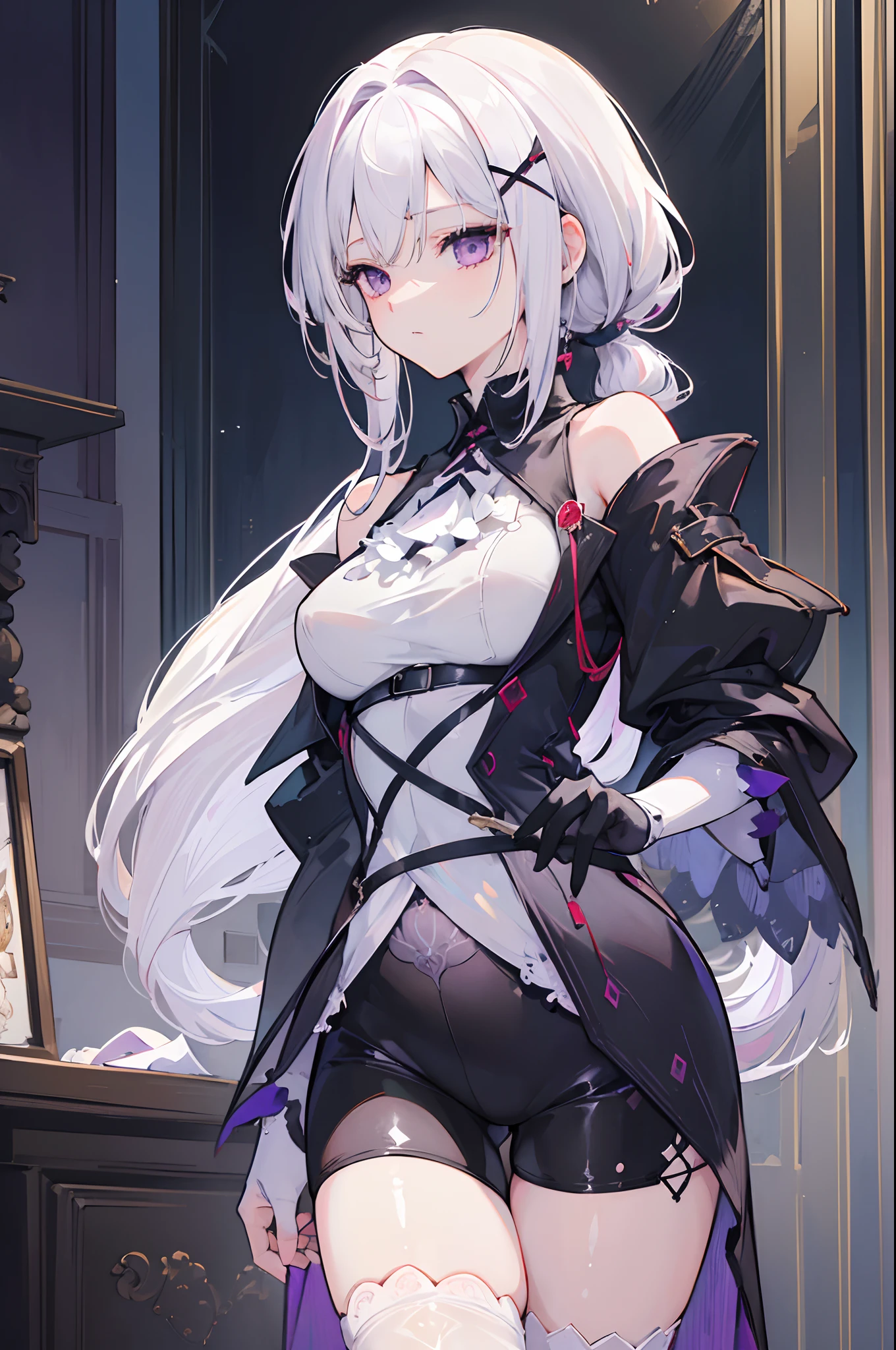 (best quality:1.3), (masterpiece:1.3), (illustration:1.3), (ultra-detailed:1.3), (imid shot:0.9), 1girl, medium breasts, purple eyes, (((white hair))), hair ornaments, tall, young, outfit-gladiia, long hair, tied hair, indoors, black shorts, thigh-highs, low ponytail