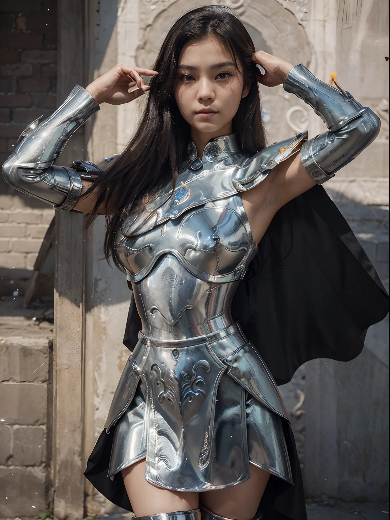 A close up of a woman in a silver costume posing - SeaArt AI