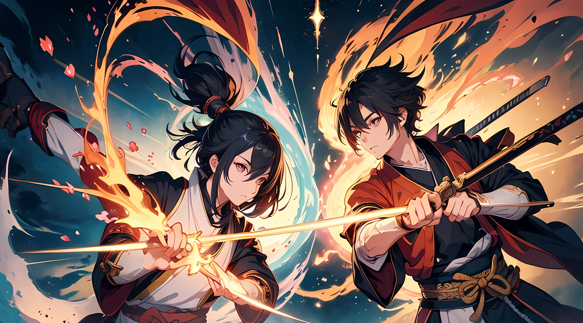 (2 man) historic samurai duel, (highly detailed, eyes finely detailed), (half body:0.6), battle with magical aura, magical particles, magical atmosphere, colorful swirling portal, dark magic, masterpiece, high-resolution, masterpiece, top-quality, detailed, High resolution illustration.