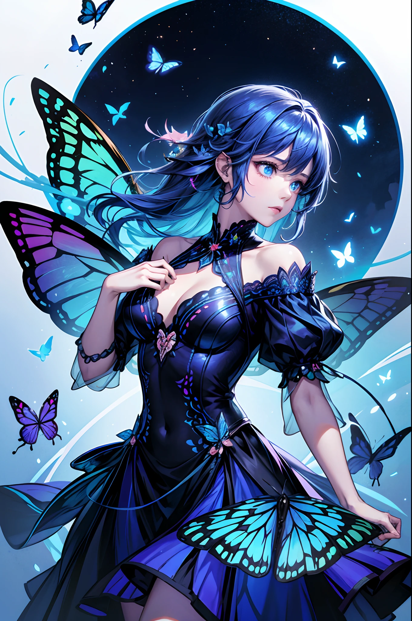 There was a woman in a dress surrounded by butterflies, Glowing blue butterfly, Butterflies float in the sky, Butterflies, author：Han Gan, Glowing butterflies, by Yang J, butterflies flying, personal profile picture, inspired by Ross Tran, loish and ross tran, Butterfly, author：Ju Chao, ethereal wings, Profile picture, By Li Song, Butterfly wings，Highest image quality，