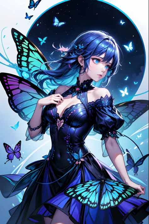 there was a woman in a dress surrounded by butterflies, glowing blue butterfly, butterflies float in the sky, butterflies, autho...