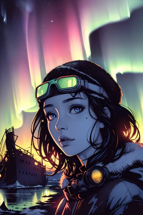 masterpiece, best quality, (closeup face:1,2), 1girl, stare up, look up, goggles on head, (polar lights:1.1), aurora borealis, city ruins, night, winter, colorful, reflections in goggles, wrecked rusty ship in background, low angle, view from below, (wide ...