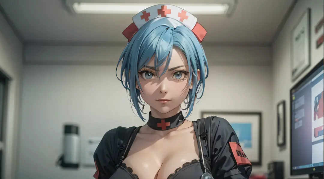 Sareme、((Incredibly beautiful villain in an obscene nurse cosplay:1.3))、((NSFW))、Asymmetrical ultra-short hair,、cleavage of the breast、a matural female、Very boyish and cool、Shaved head、sky blue hair,Red inner hair、Bedroom with cyberpunk night view、Great li...