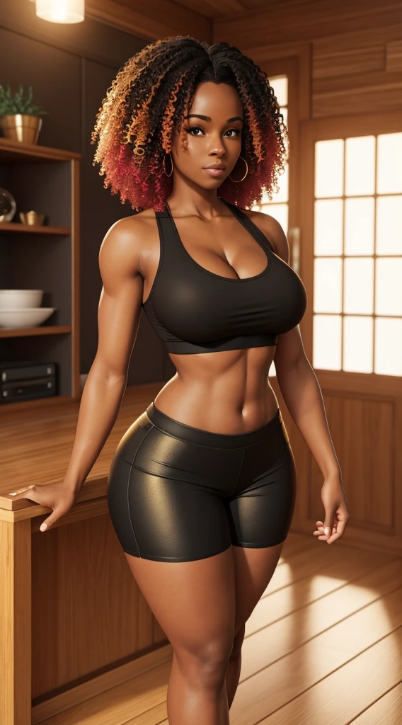 Black nerd with cleavage and a confident and humble appearance. wearing a crop top with her midriff exposed and tight, tight shorts. Her body is perfect, her breasts are large and proportional to her body, her legs are shapely and her buttocks are large and exposed. Colored curly hair with a natural fit. Vibrant, golden-eyed environment of a humble home in Brazil in high-quality 3D format back pose looking at angled 3D