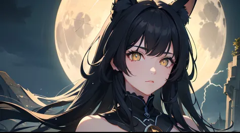 masterpiece, best quality, 1girl, black hair, ,yellow eyes, glowing eyes, fox ears, big moon, lightning aura, detailed eyes, det...