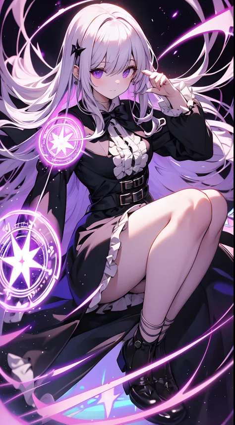 absurderes,masutepiece, Best Quality, Insanely detailed, 1 Absolute Beautiful Girl,Purple straight hair,Purple eyes,(cold eyes),pale skin,White blouse with ruffles,Black long coat,(A magic circle glowing on the ground:1.2),Colorful magic circle background,...