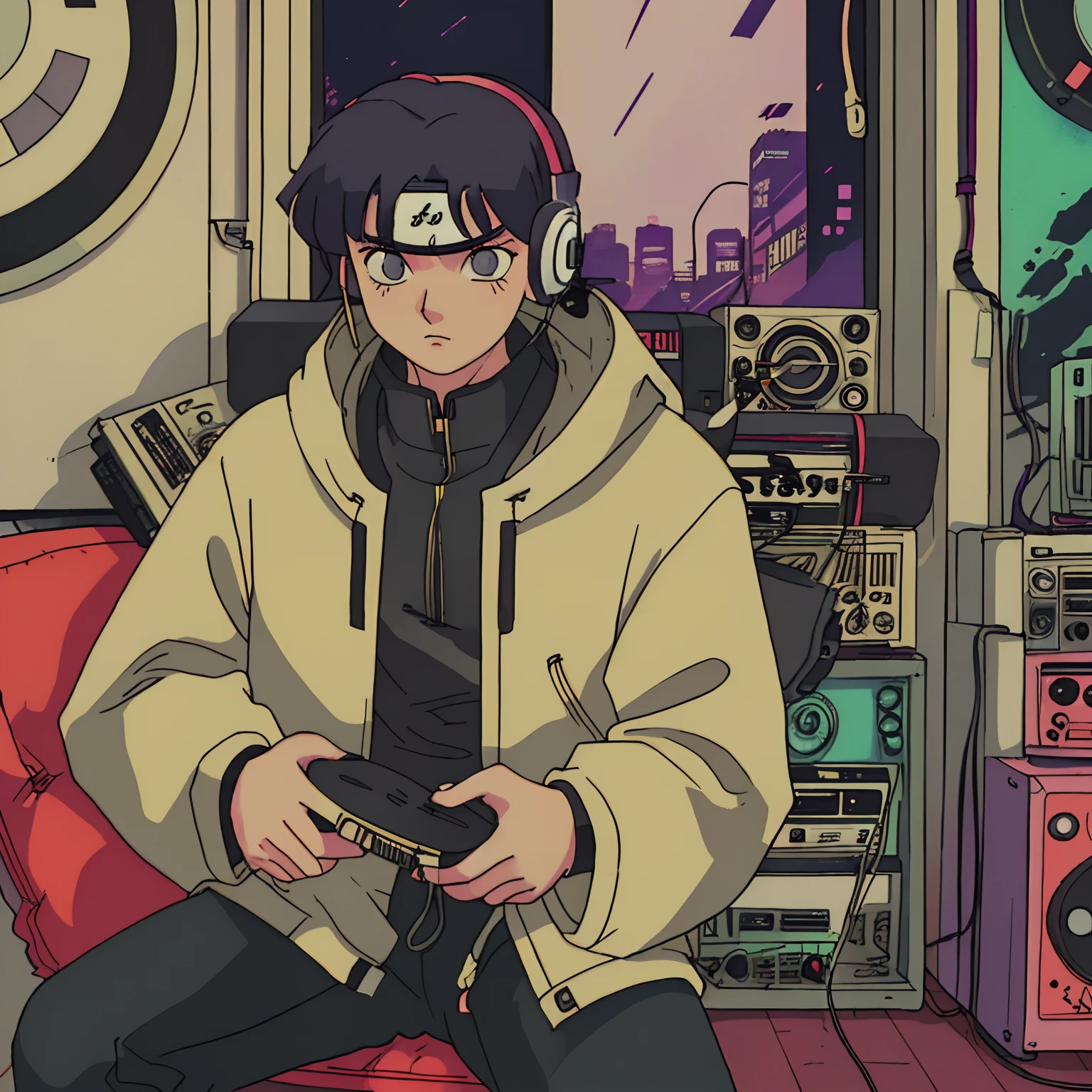 Shot of a Naruto listening to music with headphone in vinyl record shop, text large (Why You), super detail, retro wave, cyberpunk, sad vibe, night light through the window, night vibes, a room, 2D, (longshot), wideshot, (film noise), old cartoon, (lots of records:1.3), (masterpiece, highest quality, highest quality, official art, beautiful and aesthetic: 1.2), (very detailed, (fractal art: 1.4), guitar, (notes: 1.4), ( lo-fi hip-hop), indoor view by the window, old anime texture, solo, loudspeaker, cyberpunk, vinyl, night