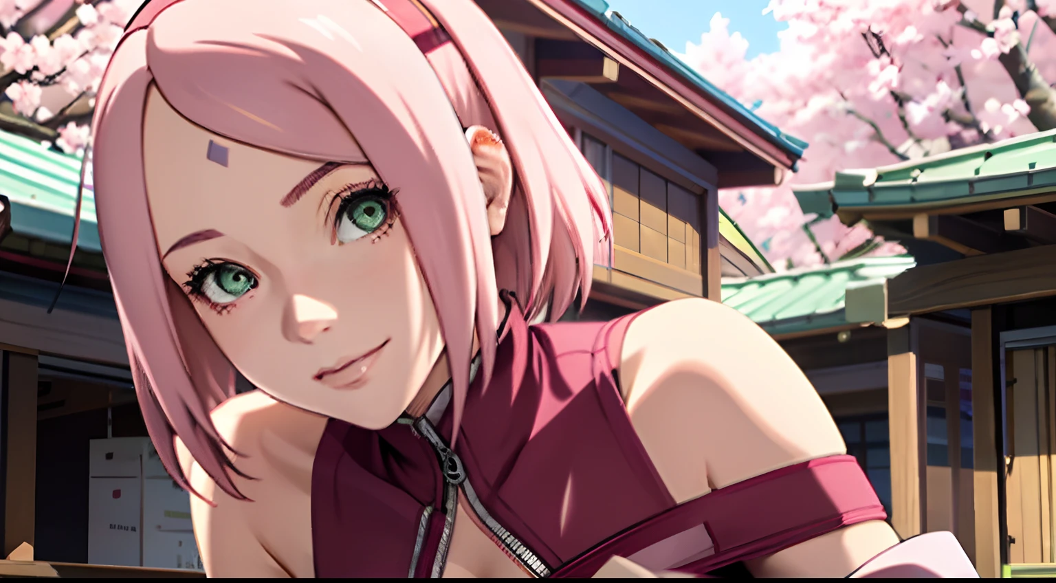 Masterpiece， 1girll， Sakura Haruno， Large breasts，Off-the-shoulder attire，（cleavage)，（upperbody closeup)，Raised sexy，is shy，smile，with pink hair， long white hair， （Green eyeballs:1.4)， Forehead protection， the cherry trees，Cherry blossoms flying，Red clothes，Zipper half, pink lips, goddess