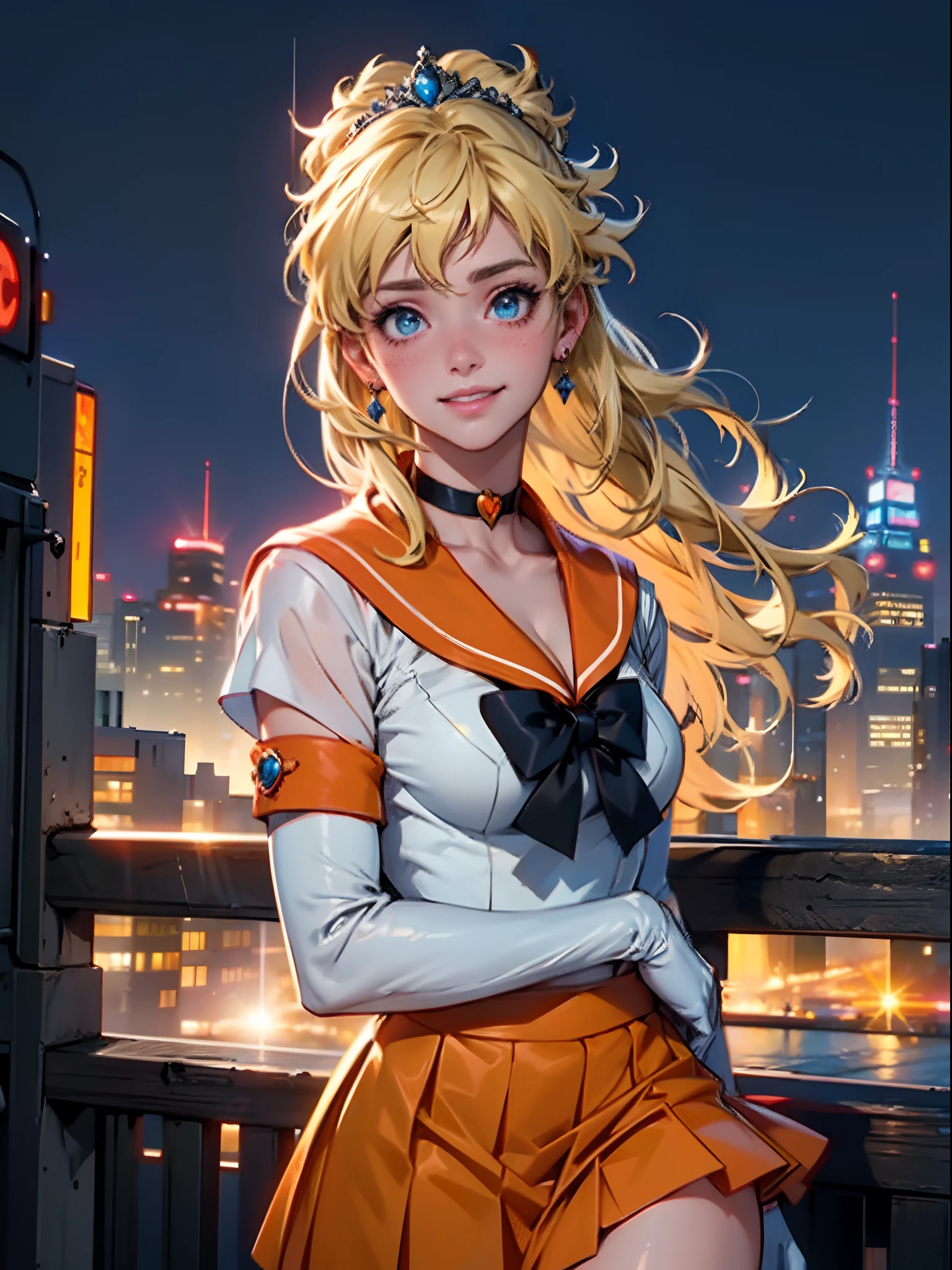 (​masterpiece), (top-quality), sunset, natural lights, synthwave gradient, (blushed face:1.3), (cleavage), medium breast (realistic:1.5), Minako Aino Sailor Venus as 1 20 years old sailor princess, fighting in a futuristic city, blonde hair, wavy hair, sailor uniform, dark blue eyes, , precise hands, confident look、seductive Smile, sultry smile, dynamic pose, sailor senshi uniform, orange skirt, elbow gloves, tiara, orange sailor collar, red bow, orange choker, white gloves, jewelry, Clear eyes, Shining eyes, small breast, cleavage of the breast is visible, No pubic hair, The beautiful skin, ultra-definition, Top resolution, detailed modern day city in background, soft lightning