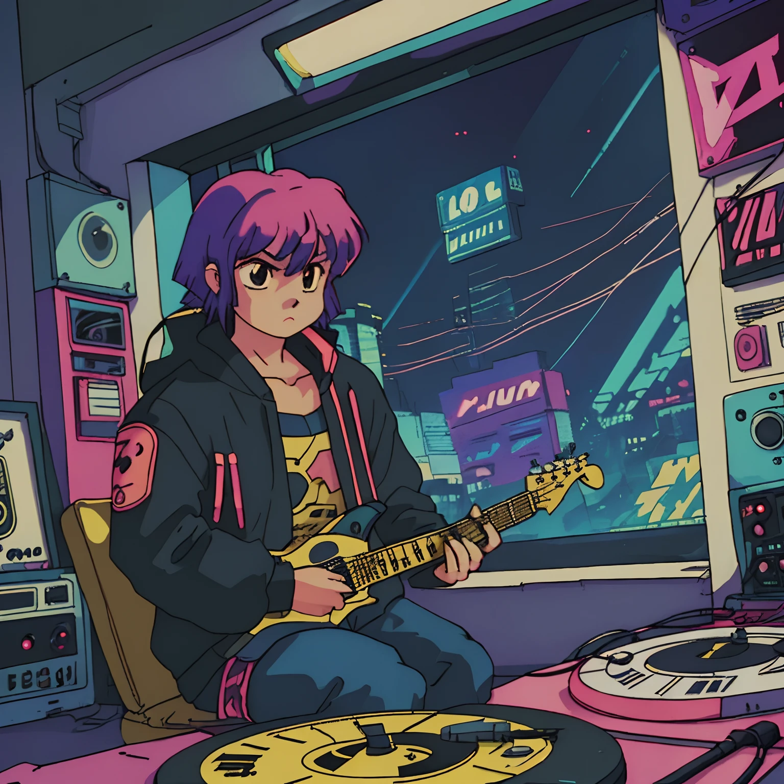 Shot of a pikachu, super detail, retro wave, cyberpunk, sad vibe, night light through the window, night vibes, a room, 2D, (longshot), wideshot, (film noise), old cartoon, (lots of records:1.3), (masterpiece, highest quality, highest quality, official art, beautiful and aesthetic: 1.2), (very detailed, (fractal art: 1.4), guitar, (notes: 1.4), ( lo-fi hip-hop), indoor view by the window, old anime texture, solo, loudspeaker, cyberpunk, vinyl, night