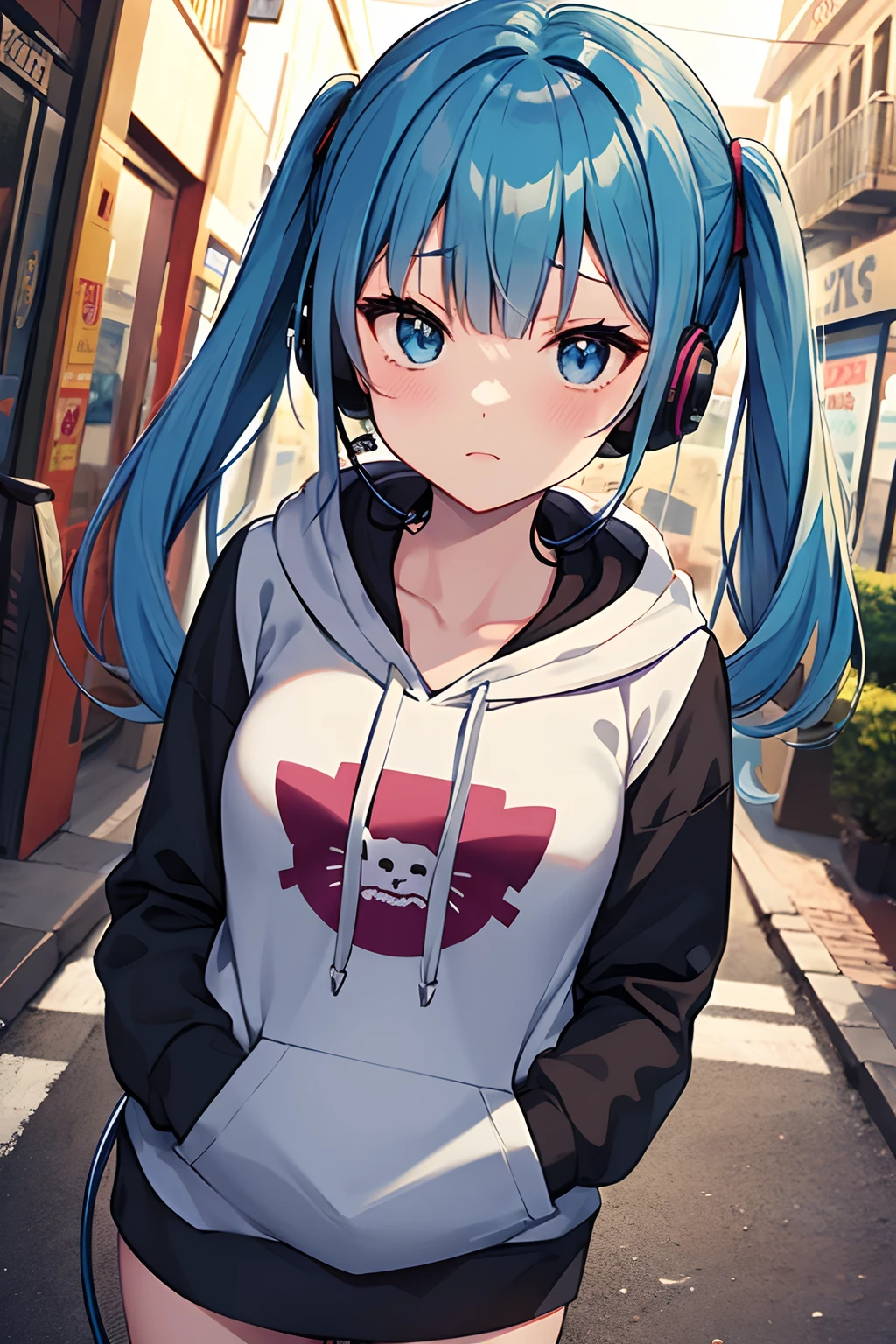 Anime girl with blue hair, Cat-designed masks, Hoodie, Earphone, under a neon, Streets