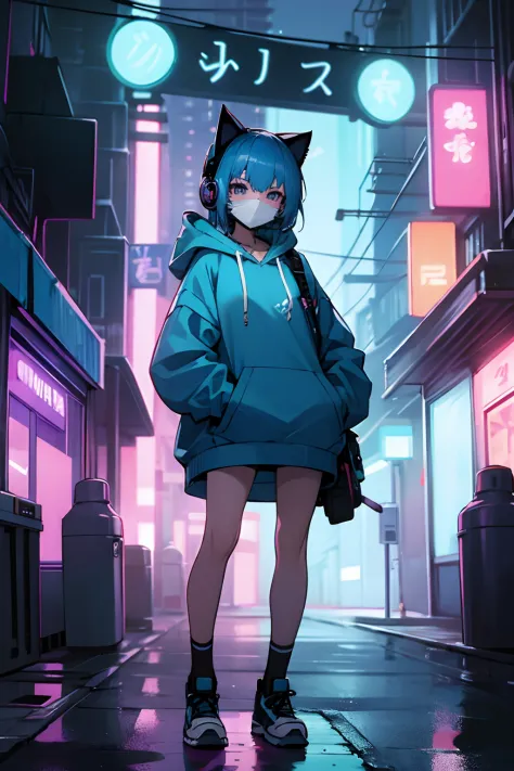 Anime girl with blue hair, Cat-designed masks, Hoodie, Earphone, under a neon, Streets