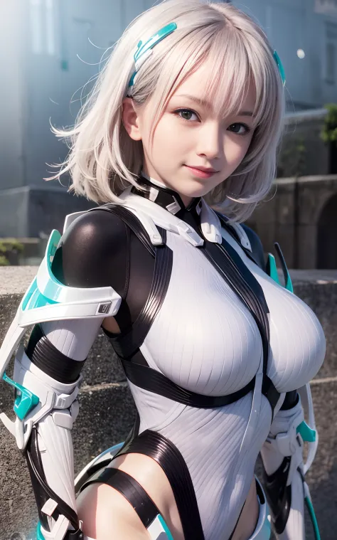 lightsmile, deva battle suit, outdoors, silver hair, bobhair, blue eyes, waist shot