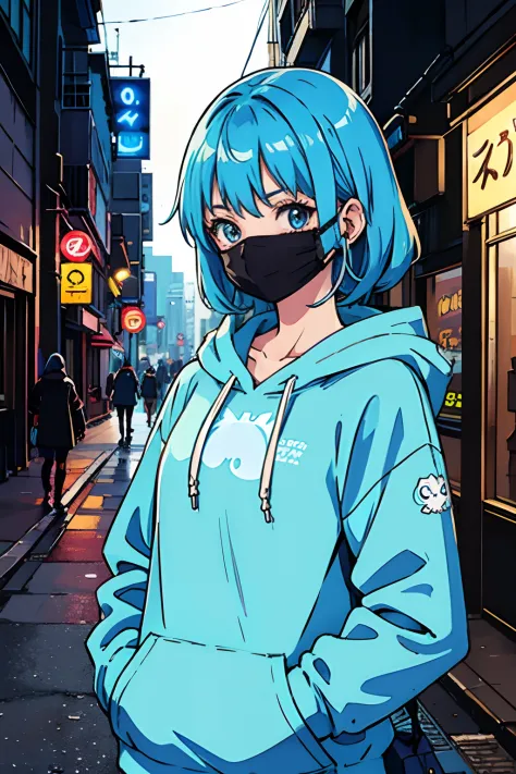 Anime girl with blue hair, Cat-designed masks, Hoodie, Earphone, under a neon, Streets