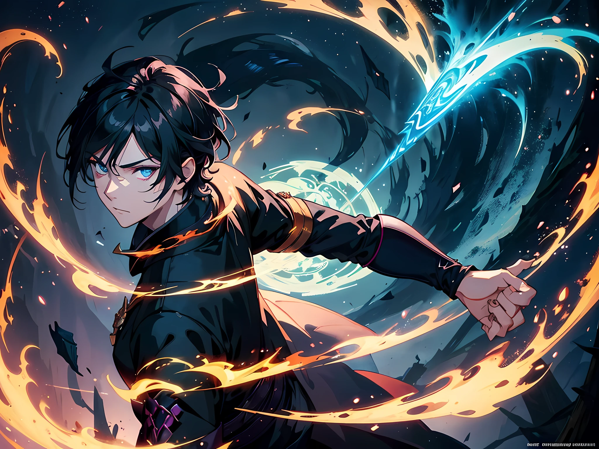 1 man, mage swordsman, beautiful eyes finely detailed, short black hair, wearing aristocrat style outfit, casting a strong spell from his sword, (Masterpiece:1.2), (Best Quality), Detailed, UHD, Cinematic Lighting, sharp focus, (illustration:1.1), intricate, 8k CG, perfect artwork, (half body:0.6), detailed background, witch, magical atmosphere, colorful glowing magic spell in the air, swirling portal, dark magic, (style-swirlmagic:0.8), floating particles, dark sinister forest background, updraft, backlighting,