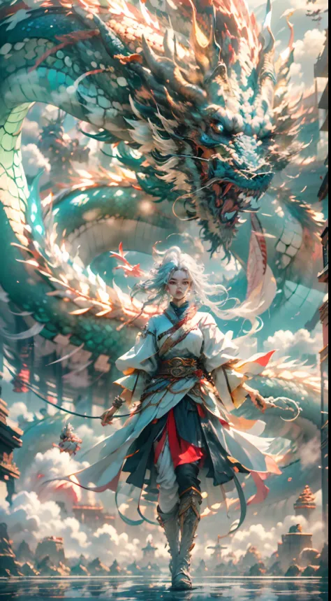 The Chinese White Divine Dragon soared into the air，（Girl manipulates dragons：1.3），（The girl has her back to the camera：1.3），Sky...