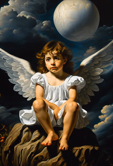 a cute angel girl is sitting on a stump, holding a magical glowing ball, white fluffy clouds in the sky  (art by  Caravaggio), r...