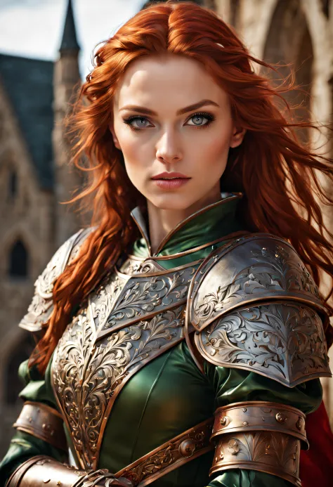 young woman, fit, athletic, red hair, green eyes, in red medieval armor, wide angle shot, intricate detailed, perfect face, deta...