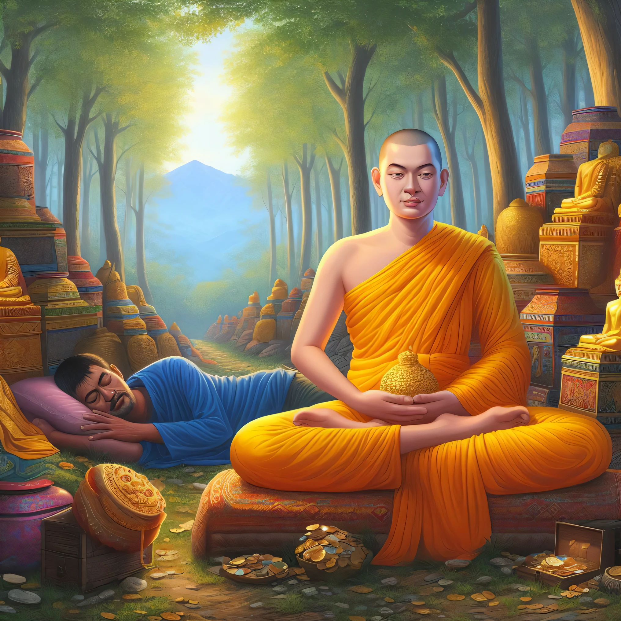 painting of a man in a monk robe sitting in a meditation position, monk meditate, buddhism, the buddha, buddhist monk meditating, buddhist, samsara, tithi luadthong, rob rey and kentarõ miura, by Ma Quan, on path to enlightenment, portrait of monk, buddha, by Kerembeyit, buddhist monk