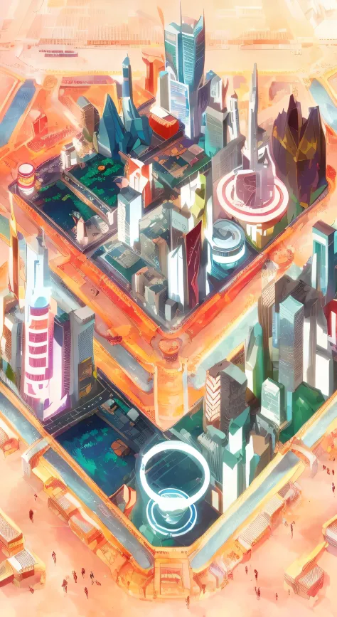 An illustration of a city with a lot of buildings and a lot of people, isometric futuristic game, isometric 8k, isometric game art, incredible isometric screenshot, metaverse concept art, isometric illustration fun, Futuristic city, Tokyo City equidistant,...