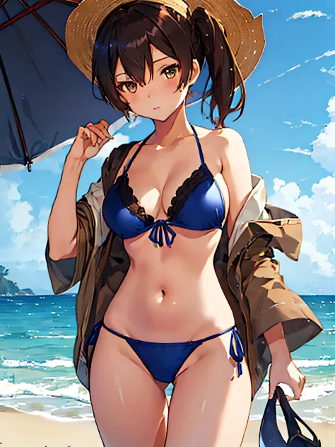 Beautiful illustration、top-quality、Kaga_kantaicollection
brown_hair, Side_Ponytail, brown_Eyes, Short_hair, breasts, long_hair、Blue Bikini、is standing、The background is the coast