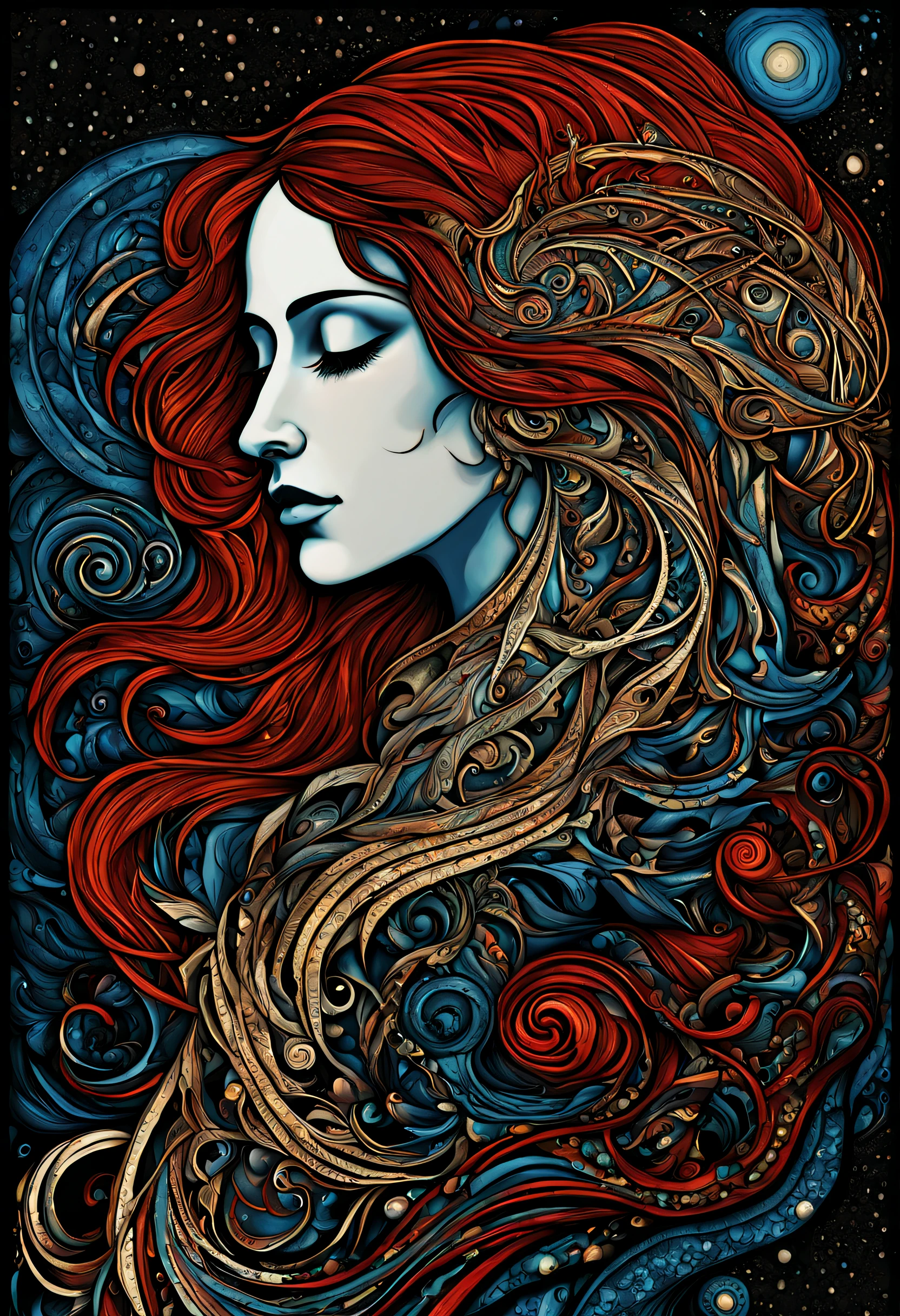 flat,vector art,female,background symbol graffiti,ruined city,concrete,portrait,long red hair,human thoughts art,elegant fantasy,intricate,crisp quality,Bela Magyar,hdr,ultra-detailed,Wet black and orange color inks line art dreamy female portrait with lot of lace filigrees on black canvas illustration described in the perfect fractal (style of Vassily Kandinsky),closed eyes,colorful,masterpiece,expert,insanely detailed,4k resolution,best quality,high quality,vivid,detailed background,otherworldly,digital art,death shadow nightmare ethereal beast,floating into the abyssal heights,nebula,dreaming,bathing in light,very sharp focus,Hyper detailed,Hyper realistic,spiritual,surreal,atmospheric,maroon cream bronze,High resolution,Vibrant,High contrast,dark angle,8k,HDR,blue hair,