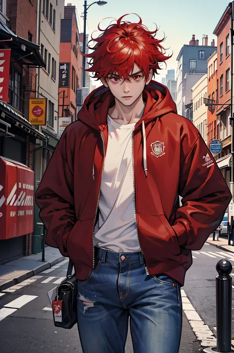 1boy, big hair, wearing red hoodie, wearing jeans, red eyes, city, high res, 8k, masterpiece, looking at viewer