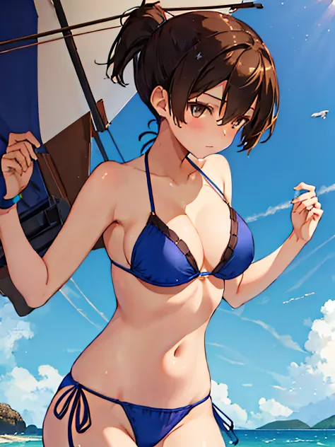 Beautiful illustration、top-quality、Kaga_kantaicollection
brown_hair, Side_Ponytail, brown_Eyes, Short_hair, breasts, long_hair、Blue Bikini、is standing、The background is the coast