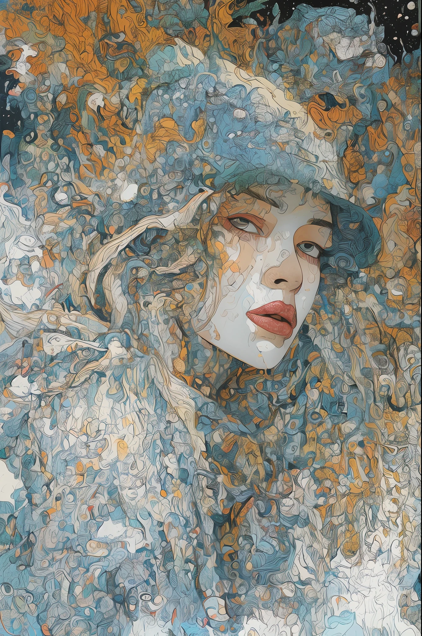 1girl in、(znchn style:1.0)、Official、​masterpiece、Beautiful fece、Winters、snowscape、highly contrast、art by、portraitures、illustratio、Subtle Colour、profile、Subtle Colour、post grunge、concept-art、Paint Splatter、intricate-detail。Highly detailed and detailed eyes、Trending in art stations、Jothan Gonzalez and Rop、James Jean、Vikton Gai、David Rabun、Mike Mignola、Lauri Lee、detail portrayal、masutepiece、top-quality