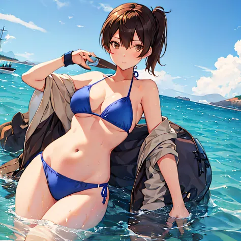 Beautiful illustration、top-quality、Kaga_kantaicollection
brown_hair, Side_Ponytail, brown_Eyes, Short_hair, breasts, long_hair、Blue Bikini、is standing、Facing the front、The background is the coast