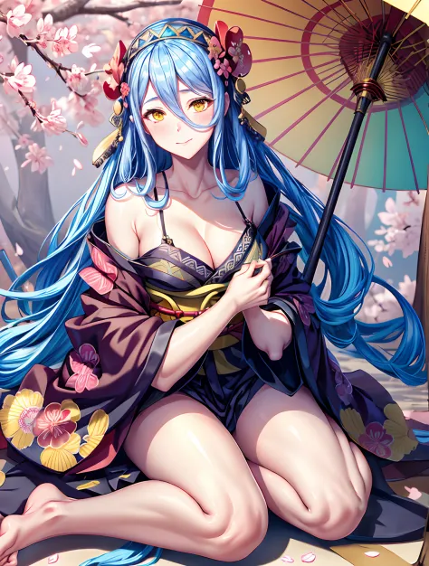 1girl, highres, masterpiece, solo, anime, absurdres, yellow eyes, azura \(fire emblem\), wariza, kimono, japanese clothes, oil-paper umbrella, sakura forest background, cherry blossoms,  slipping kimono, bare shoulders, revealing clothes, cleavage, facing ...