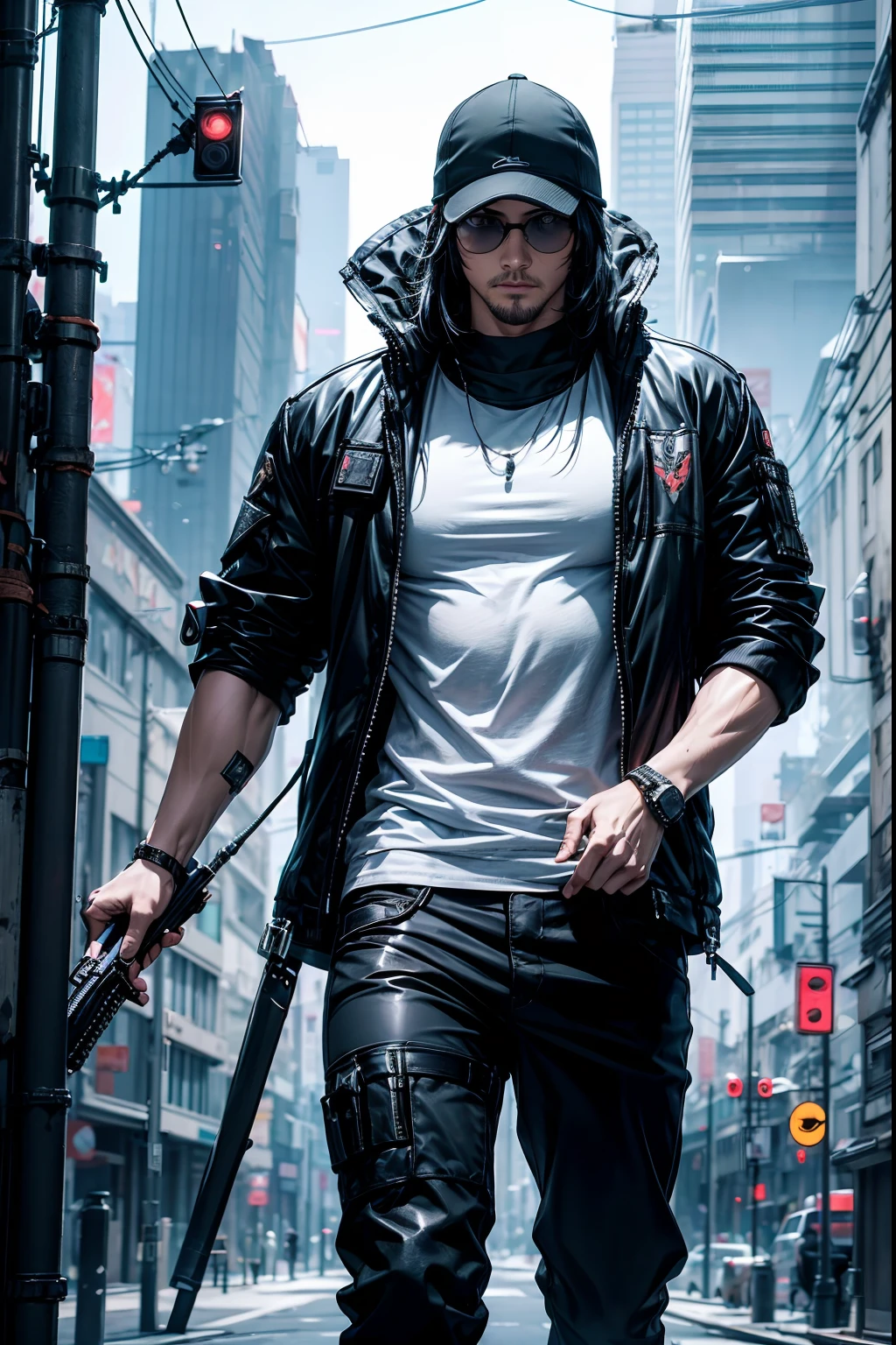 Cooler Assassine, Ein Typ、Schwarze Hosen、starker Körper、Cyberpunk cityscape、Dynamism、8K、Detailliertes Bild、realistisch、Herbe Atmosphäre、Gentleman、Stilvoller Assassine