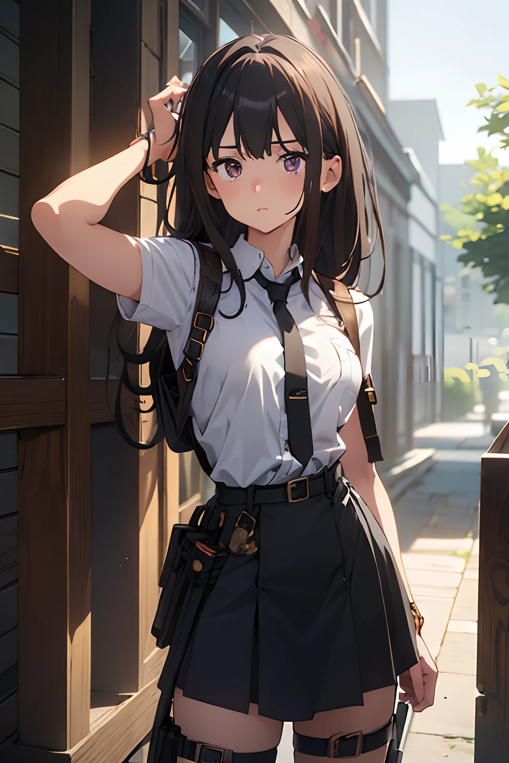 ​masterpiece、flat-colors、depth of fields、lens flare 1 girl、、Brown hair、watching at viewers　　　black suspenders　　　bulging big breasts　　　 　 Armpit sweat　perspiring　Side of both hands　　walls: 　Black miniskirt　garterbelts　　　　　　Gaze　　　Small face　Bangs Upper Eyes　flank　　Rat-colored eyes　　holster　　Belt Armament