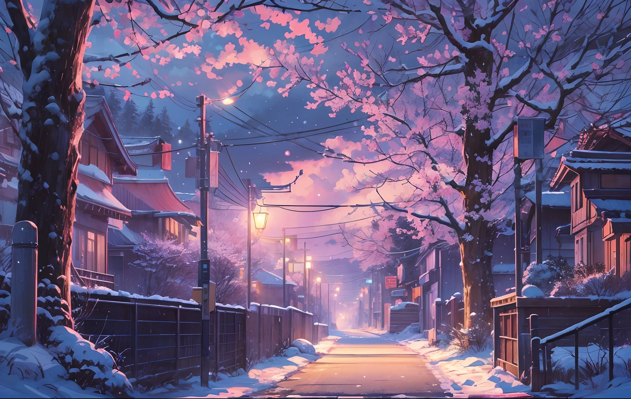 masterpiece, concept art, wide shot, panoramic, a street at night with a bridge in the distance, (winter), snowy, a detailed matte painting, by Makoto Shinkai, widescreen shot, driveway, sakura trees-lined path, miyazaki's animated film, endless night, sakura trees along street, art for the film in color, detailed digital anime art, (epic composition, epic proportion), HD